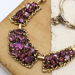 Vtg Barclay Purple Amethyst Rhinestone Gold Tone Necklace Choker Mesh Bib Signed