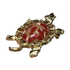Gerry’s Turtle Brooch Gold Tone Red Lucite Cabochon Tortoise Vintage Pin