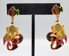 Vintage Don-Lin Enamel Tropical Fish Dangle Drop Earrings Pierced Gold Tone