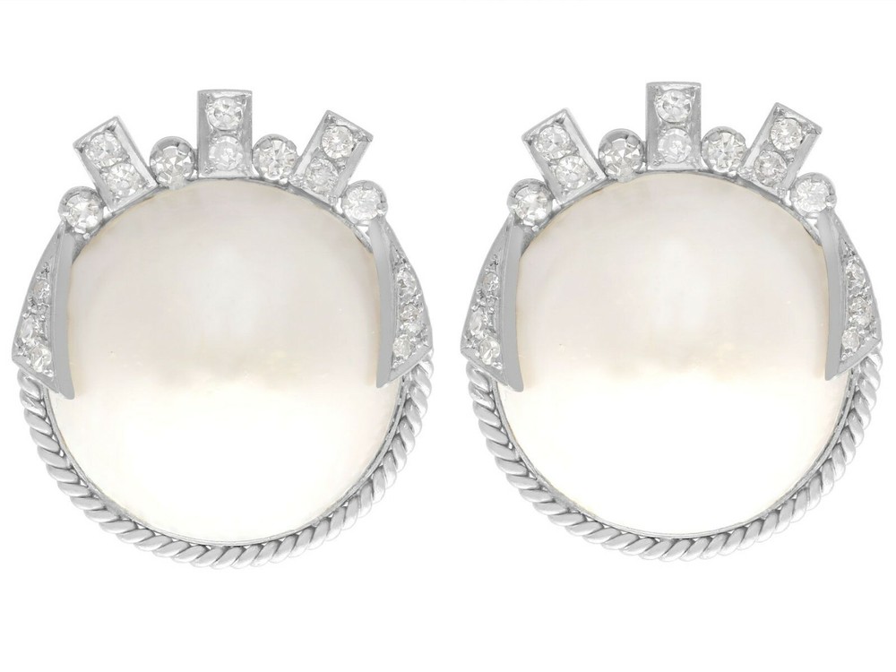 Vintage Art Deco Style Mabe Pearl & Diamond 9k White Gold Earrings