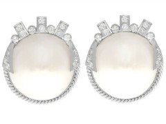 Vintage Art Deco Style Mabe Pearl & Diamond 9k White Gold Earrings