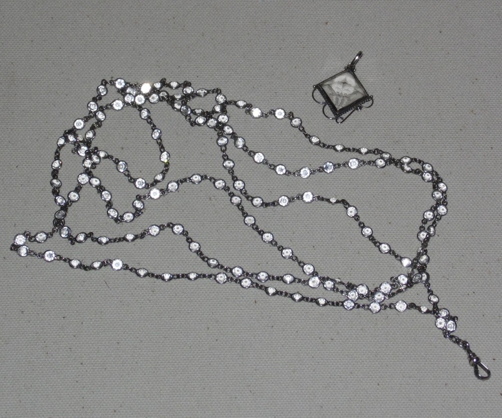 Antique Vintage Sterling Silver open-back faceted Crystal Chain Necklace Fob 63″
