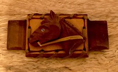 Vintage 1930’s Horse Western Equestrian Brooch Pin Hand Carved Wood Leather EUC