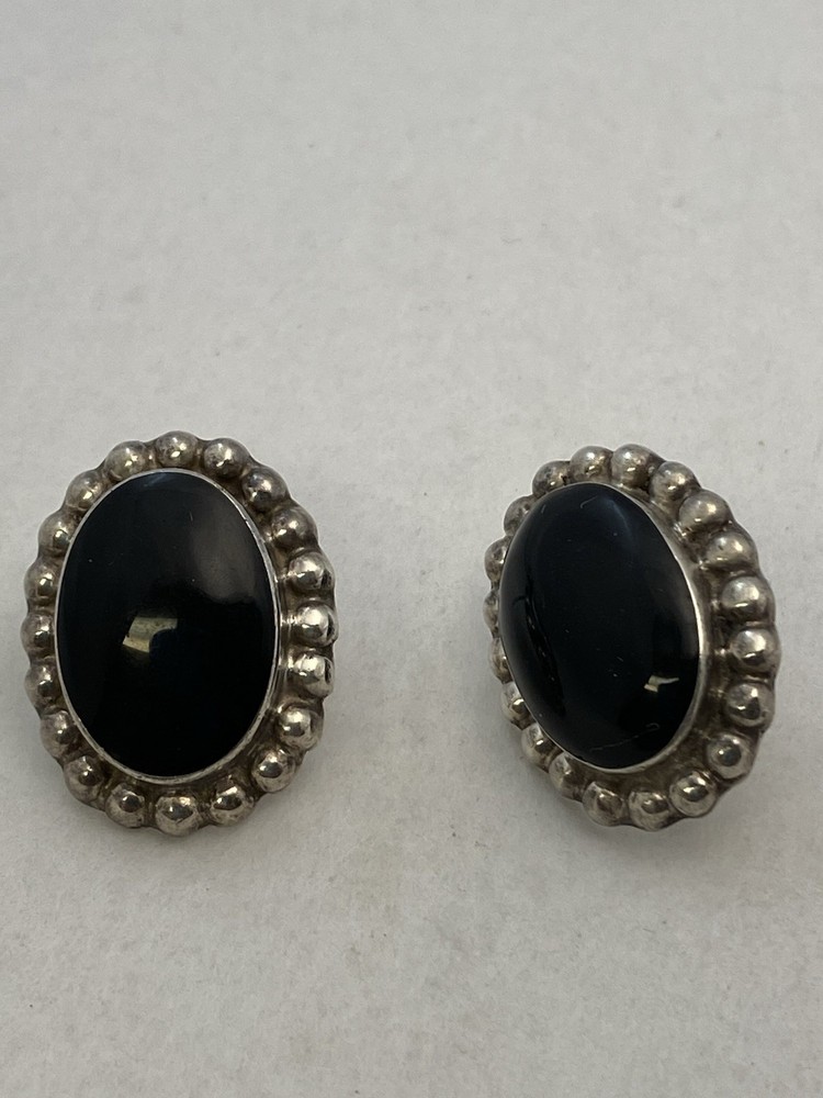 TAXCO Sterling Silver Onyx Earrings Beaded Design 1″ Pierced Post 10 g
