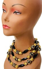 VTG DEAUVILLE LUCITE BLACK GOLD TRIPLE STRAND BEADS METAL SIGNED NECKLACE 12-14”