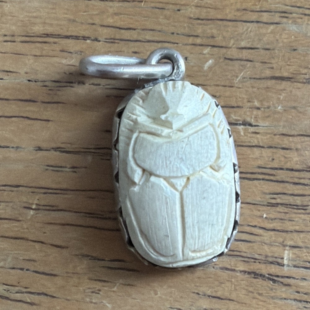 Vintage 925 Sterling Silver Egyptian Revival White Scarab Pendant