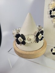 Dana Buchman Enamel Flowers 3 Piece Set Silver Plated Black Cream With Crystals