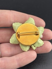 Painted Porcelain Pink Flower Green Leaves Cottage Core VTG 3D Floral Brooch