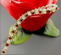 Vtg. 925 Gold Vermeil Ruby Colored Rhinestones & Cubic Zirconia Tennis Bracelet