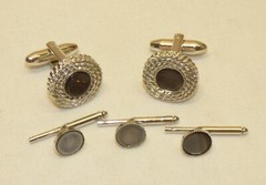 Vtg HICKOK Cufflinks Pair & 3 Stud Button Set Silver & Gray Mother of Pearl MOP