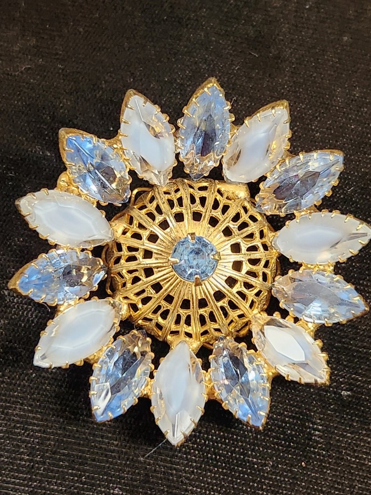 Vintage icy blue and givre navette gold tone filigree 3D flower brooch