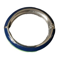 Vintage Blue Green Stripe Enamel Silver Tone Clamp Cuff Bangle Bracelet Clip On