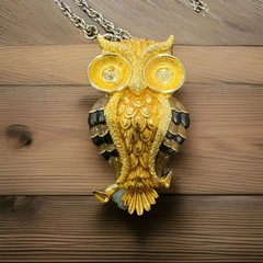 Vintage Gold Tone Owl Pendant Necklace Large Ridged Eyes Textured Body 18″ Chain