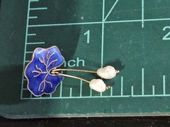 Vintage Water Lily Leaf Blue Enamel Dangle Pearl Sterling Silver Stud Earrings