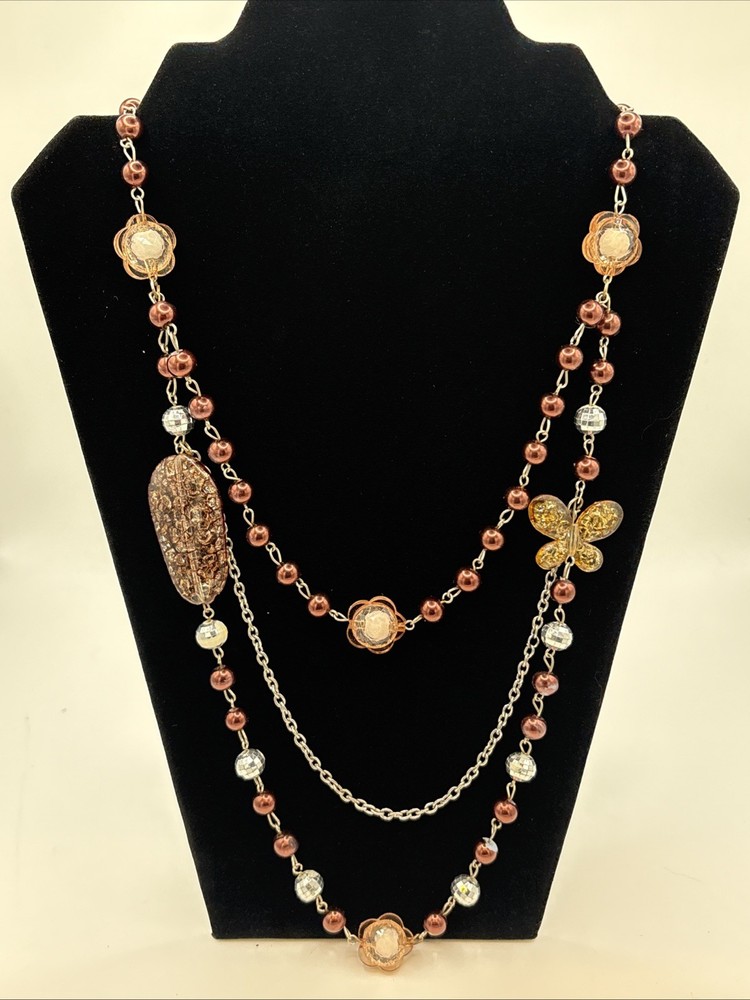 Vintage Multi strand Beaded Statement Necklace Acrylic Butterfly Accent READ