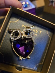 Monet Owl rhinestone brooch / pin gold tone NEW with box