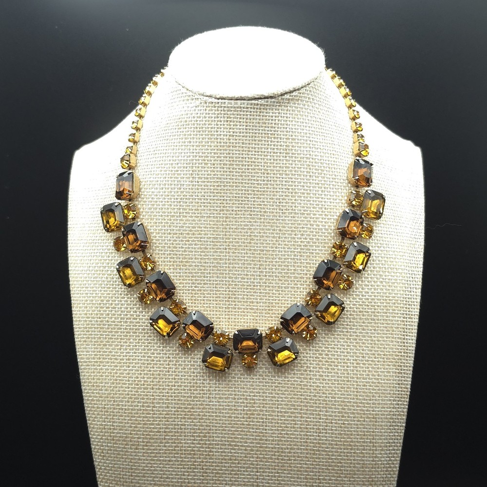 Vintage 1950s Amber Brown Rhinestone Bib Necklace Gold Tone 16 Inch