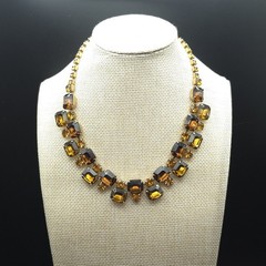 Vintage 1950s Amber Brown Rhinestone Bib Necklace Gold Tone 16 Inch