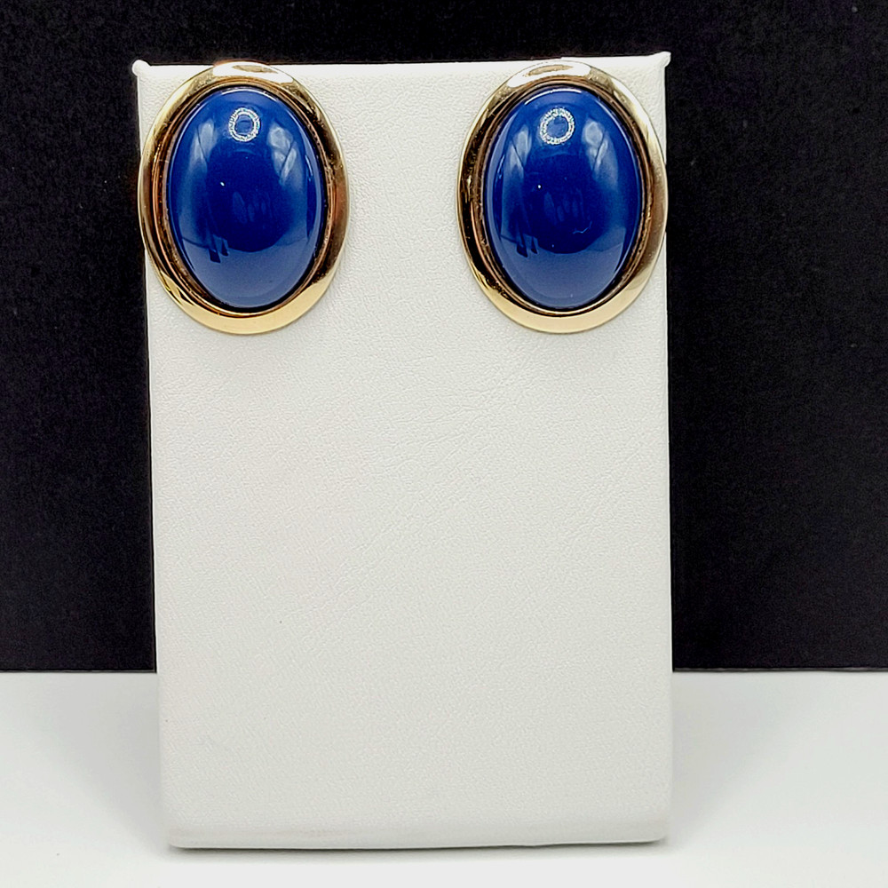 Modernist Navy Blue Slight Dome Lucite Oval Polished Gold Tone Pierced Earrings