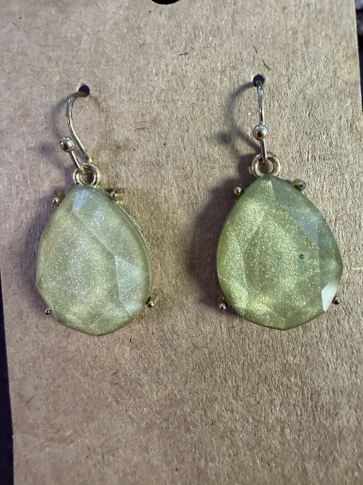 Green Iridescent Teardrop Earrings, Faceted Glass Dangle Drop Earrings