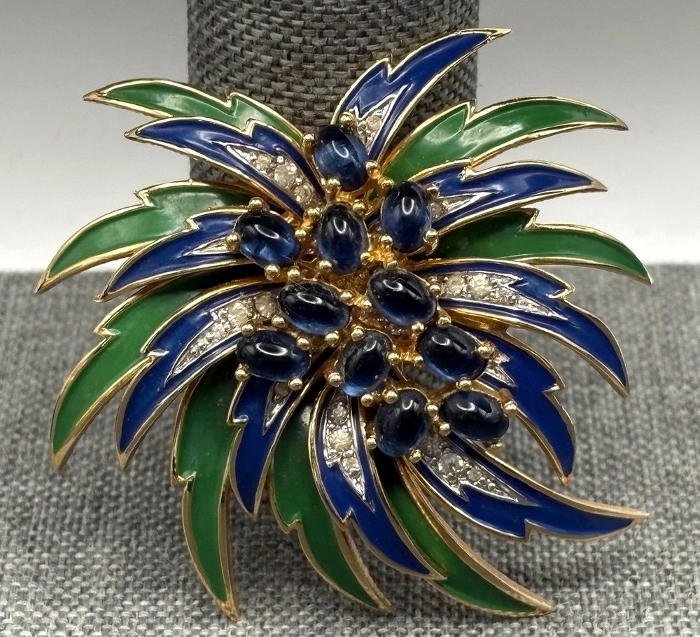 RARE VTG JOMAZ Blue Green Enamel Flower Cabochon Rhinestone Gold Tone Brooch Pin