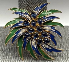 RARE VTG JOMAZ Blue Green Enamel Flower Cabochon Rhinestone Gold Tone Brooch Pin