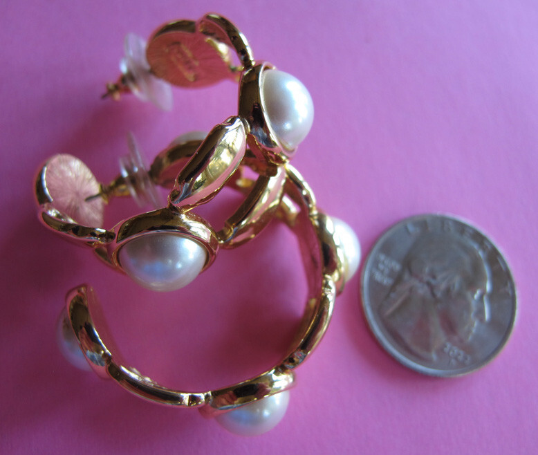 Monet Earrings~REDUCED BIG HOOPS~Gold Tone~FX Pearl~Vintage~PIERCED~FREE H