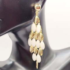 White & Gold Tone Metal Chandelier Cascade Dangle Vintage Earrings Ballroom