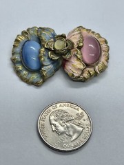 Antique Art Nouveau Pastel Blue & Pink Satin Czech Art Glass & Enamel Brooch