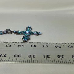 Vintage Silver/Black Tone & Blue Rhinestone Cross Pendant Chain Necklace 17″ 51g