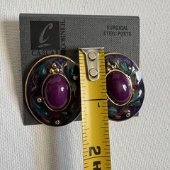 Vtg Casual Corner Purple Oval Cabochon Earrings Enamel Wearable Art Statement