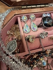 Small Vintage Wood And Glass Jewelry Box With Jewelry Lot Wearable Nice!!