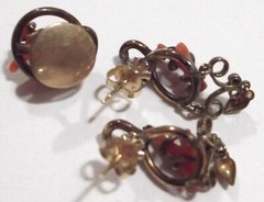 Antique Victorian Lot GF Pierced Branch Coral Dangle Drop Earrings & Shirt Stud