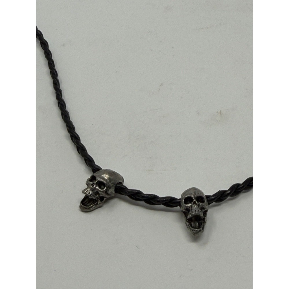 Vintage Y2K Braided Leather Choker Necklace Metal Skull Beads Goth Punk