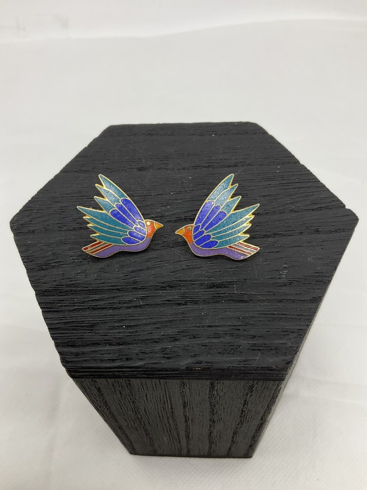 Vintage Laurel Burch Celestial Bird Cloisonne Enamel Post Earrings Gold Tone