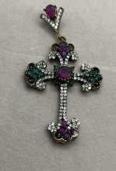 Antique Simulated Green Emerald Cross Pendant Sterling Silver & Gold 14g
