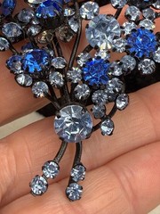 Vintage Austria Rhinestone Flower Brooch Blue Black Enamel READ