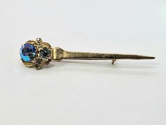Vtg Sword Saber Brooch Dress Coat Kilt Pin Gold Tone AB Blue Rhinestone 3.5 In