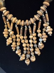 Vintage Stone Wood & Metal Beaded Necklace. Ethnic Art Design Hook Closure 23”