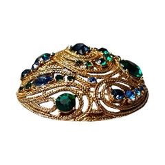 VTG La Roco DOMED BROOCH Blue Green Faceted Stones Braided Goldtone MCM Peacock