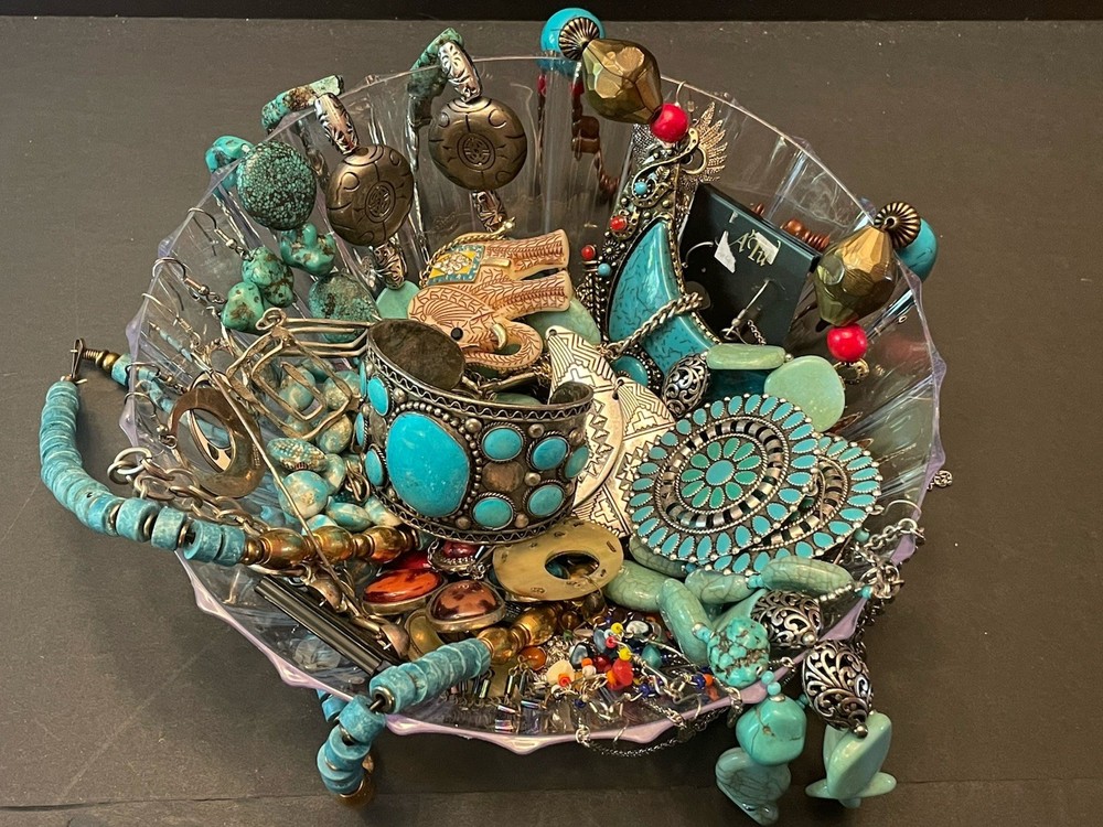 BOHO Southwestern Vtg Curated Mystery Jewelry Jar Turquoise Blue Silver 2+ lbs