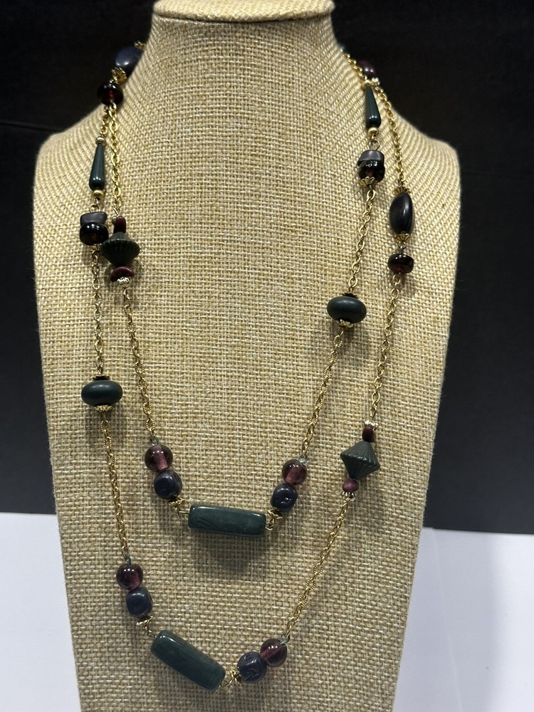 Vintage Casual Corner Beaded 44” Necklace ~ Gold Tone – Multicolor Glass Beads