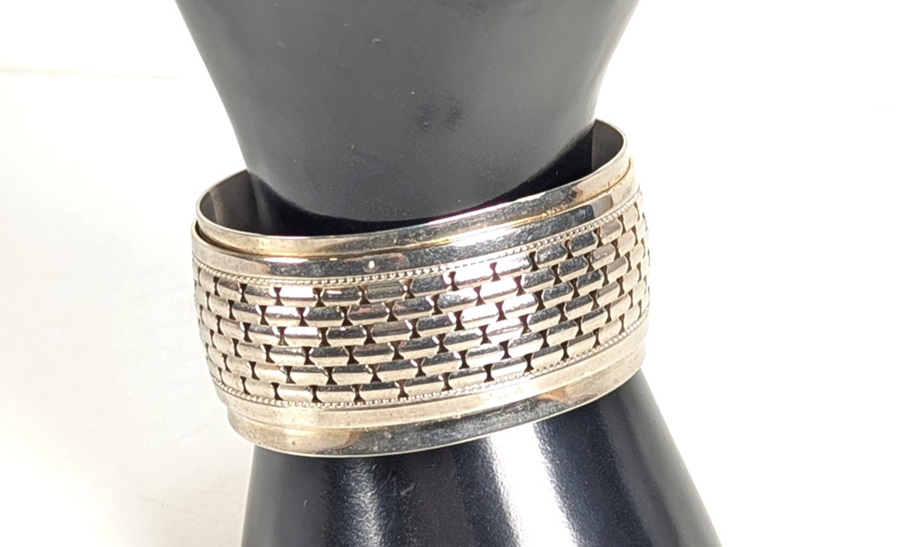 Silver Tone Wide Cuff Bracelet Basket Weave Statement Brutalist Geometric Modern