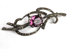 Sterling Silver Antique Edwardian Amethyst & Marcasite Brooch Pin Trombone Clasp