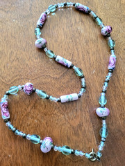 Vintage Cottagecore Sea Green Glass, Brass and Pink Porcelain Rose Bead Necklace