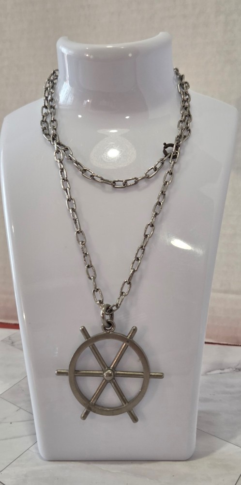 VINTAGE Chunky Modernist Logeskov Tin Denmark Ship’s Wheel Pendant Necklace 26in
