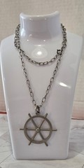 VINTAGE Chunky Modernist Logeskov Tin Denmark Ship’s Wheel Pendant Necklace 26in