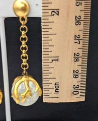 Vintage Ball & Chain Dangle Earrings Gold Tone Frosted Glass Clip On