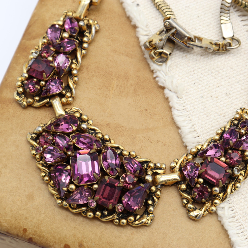 Vtg Barclay Purple Amethyst Rhinestone Gold Tone Necklace Choker Mesh Bib Signed