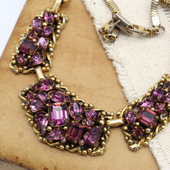 Vtg Barclay Purple Amethyst Rhinestone Gold Tone Necklace Choker Mesh Bib Signed